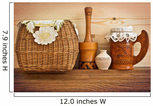Wicker and wooden utensils in folk style 