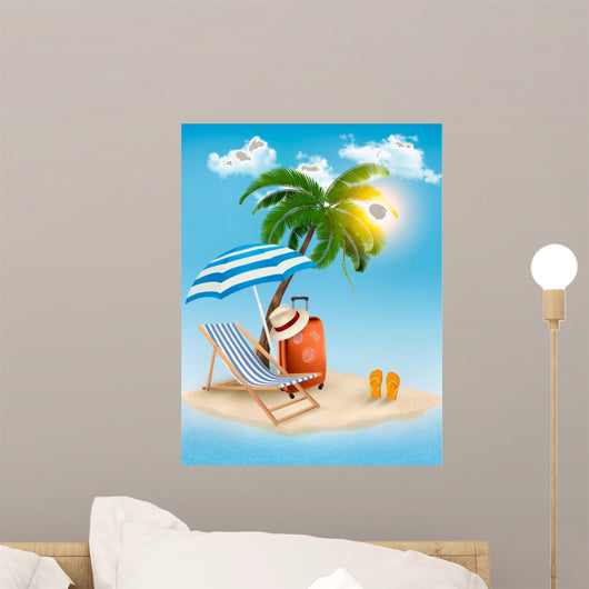 Seaside view with a palm tree, beach chair and parasol. Summer v 