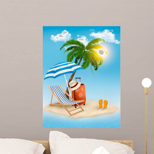 Seaside view with a palm tree, beach chair and parasol. Summer v 