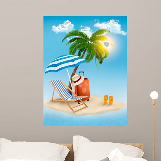 Seaside view with a palm tree, beach chair and parasol. Summer v 
