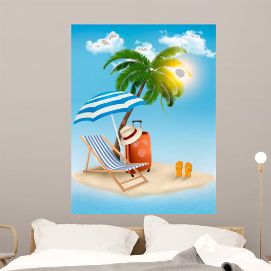 Seaside view with a palm tree, beach chair and parasol. Summer v 