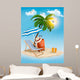 Seaside view with a palm tree, beach chair and parasol. Summer v 