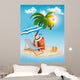 Seaside view with a palm tree, beach chair and parasol. Summer v 