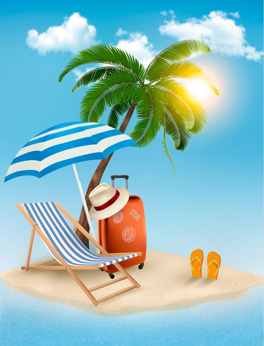 Seaside view with a palm tree, beach chair and parasol. Summer v 
