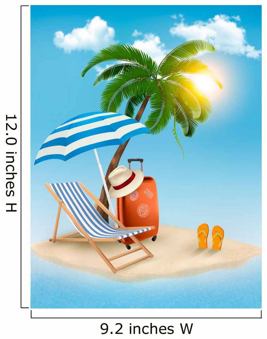 Seaside view with a palm tree, beach chair and parasol. Summer v 