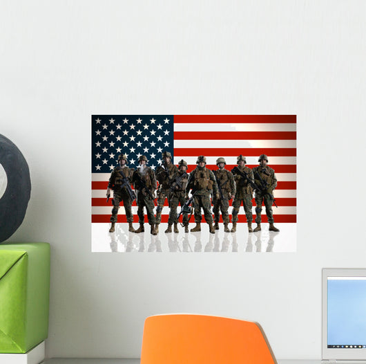Soldiers against the background of the American/USA flag. 