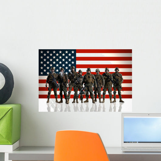 Soldiers against the background of the American/USA flag. 