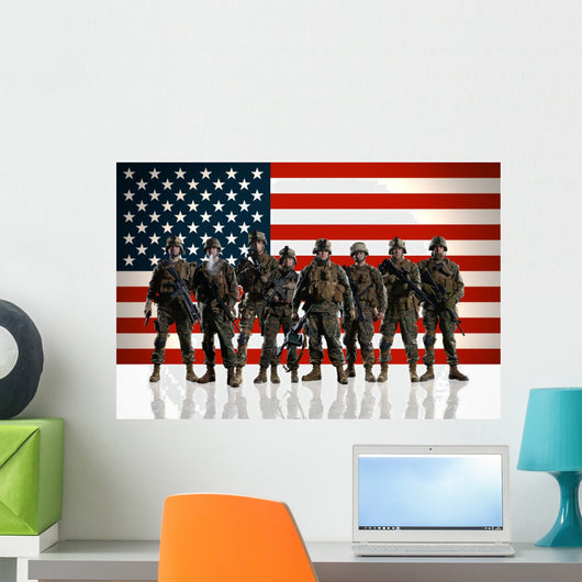 Soldiers against the background of the American/USA flag. 
