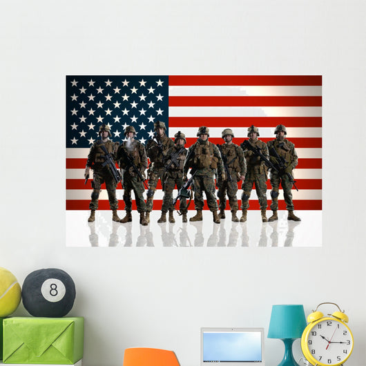Soldiers against the background of the American/USA flag. 
