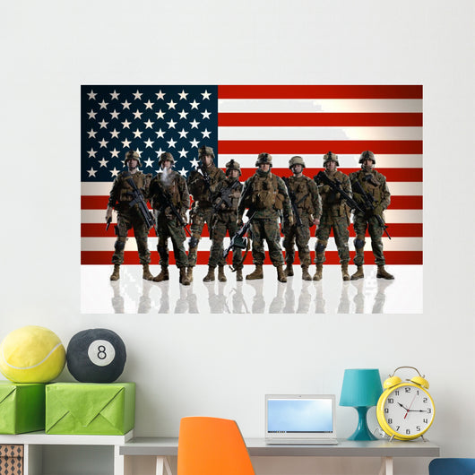 Soldiers against the background of the American/USA flag. 