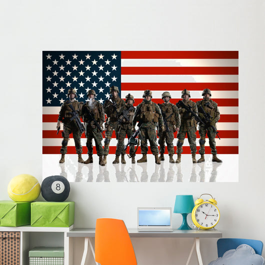 Soldiers against the background of the American/USA flag. 