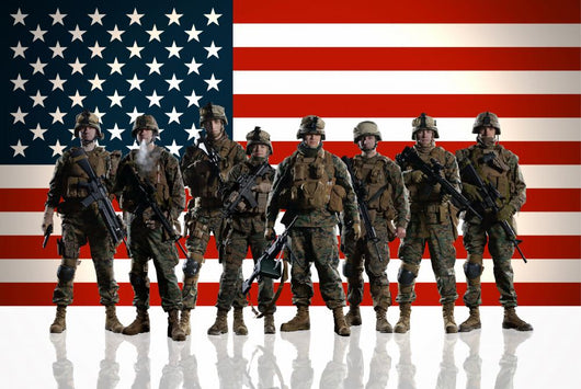 Soldiers against the background of the American/USA flag. 
