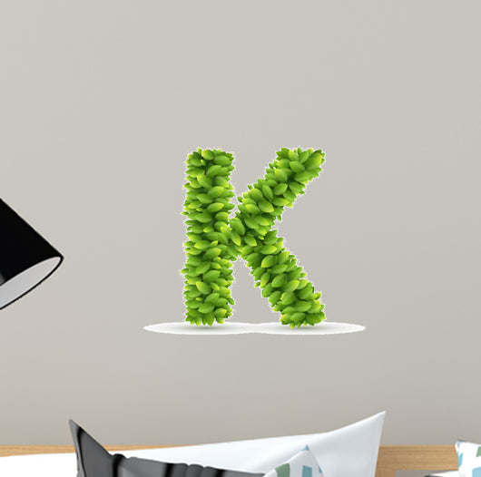 Letter K,  vector alphabet of green leaves 
