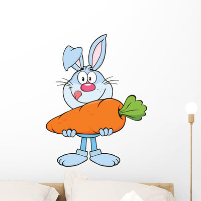 Hungry Blue Rabbit Cartoon Wall Decal shown on a wall