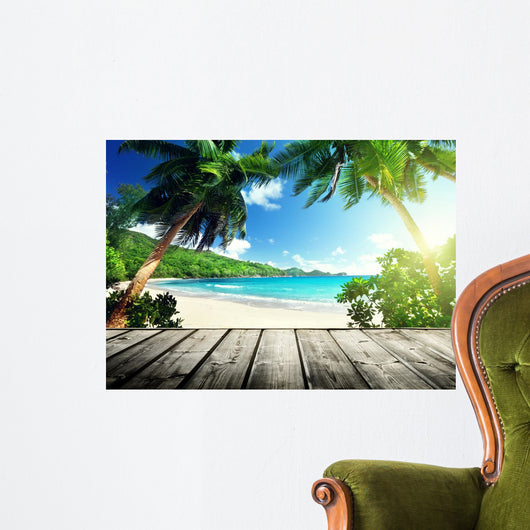 seychelles beach and wooden pier Wall Mural