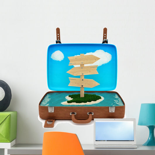 Render of an Open Retro Suitcase with a Sign, Isolated on White Wall Decal