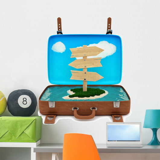Render of an Open Retro Suitcase with a Sign, Isolated on White Wall Decal