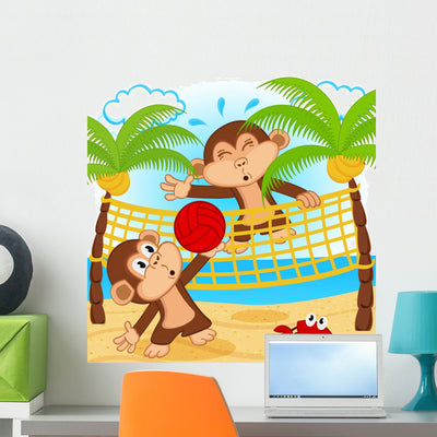 Monkeys Playing Beach Volleyball shown on a wall