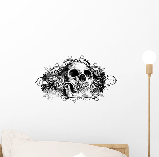 Grunge Skull Floral Illustration Wall Decal