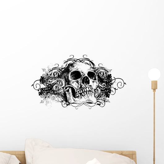 Grunge Skull Floral Illustration Wall Decal