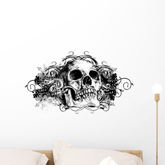 Grunge Skull Floral Illustration Wall Decal