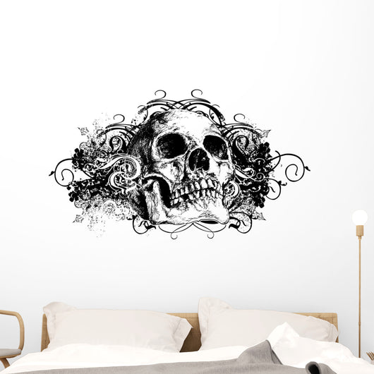 Grunge Skull Floral Illustration Wall Decal