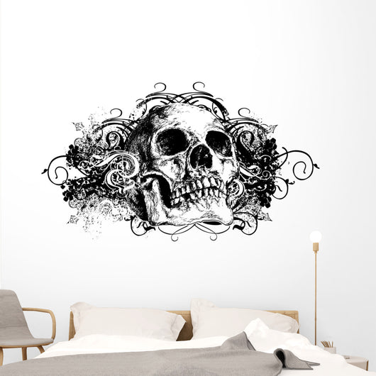 Grunge Skull Floral Illustration Wall Decal
