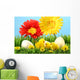 Easter chicks in the grass with flowers against a blue sky Wall Mural