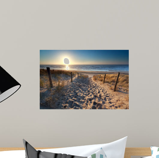 sunshine over path to beach in North sea 