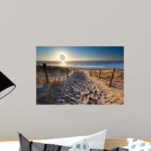 sunshine over path to beach in North sea 