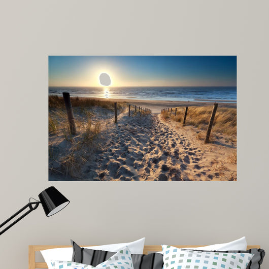 sunshine over path to beach in North sea 