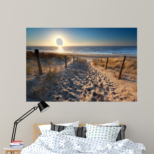 sunshine over path to beach in North sea 