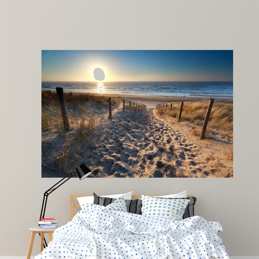 sunshine over path to beach in North sea 