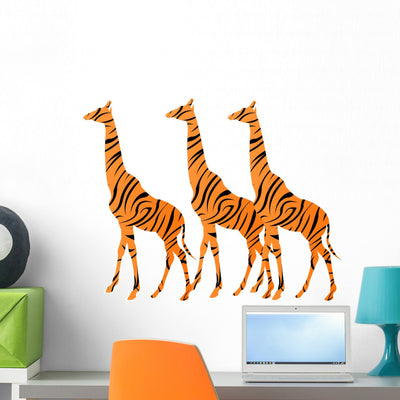 Tiger Striped Giraffes Wall Decal shown on a wall
