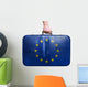 Tourist hand holding vintage leather travel bag with flag of Eur 