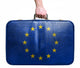 Tourist hand holding vintage leather travel bag with flag of Eur 