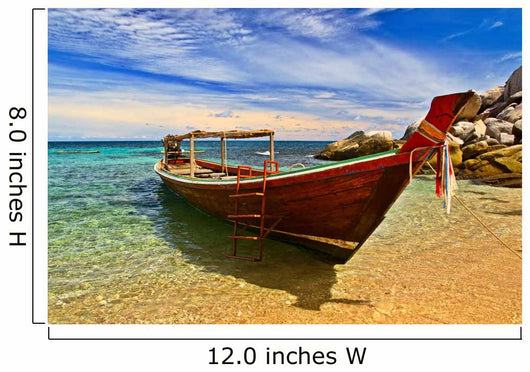 Longtail boat in tranquil bay Wall Mural