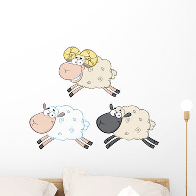 Funny Sheep Cartoon Mascot Wall Decal shown on a wall