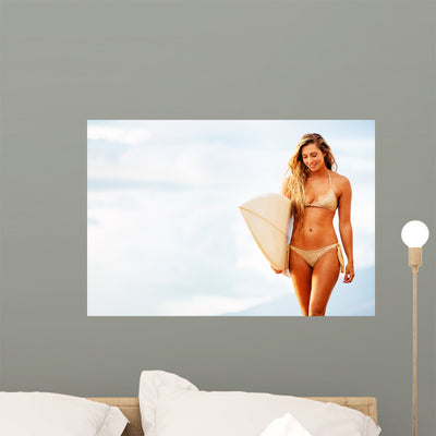 Surfer Girl Wall Mural shown on a wall