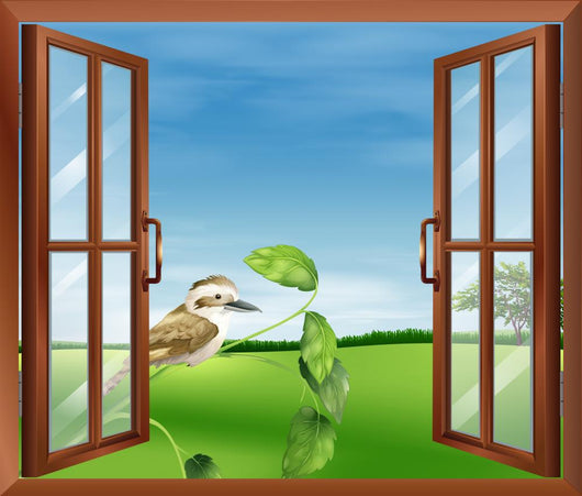 A window with a view of the bird outside 