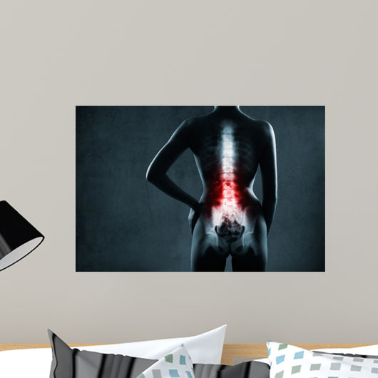 Spine in x-ray. The lumbar spine is highlighted by red colour. 