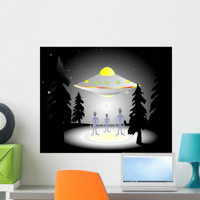 Illustration Aliens and Flying Wall Mural shown on a wall