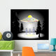 Illustration of aliens and flying saucer in the woods at night Wall Mural