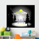 Illustration of aliens and flying saucer in the woods at night Wall Mural