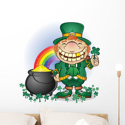 Leprechaun Pot Gold Cartoon Wall Decal shown on a wall