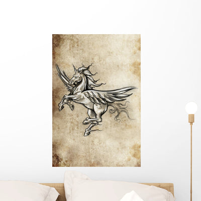 Tattoo Unicorn Sketch Handmade Wall Mural shown on a wall