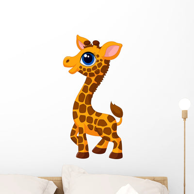 Cute Baby Giraffe Cartoon Wall Decal shown on a wall
