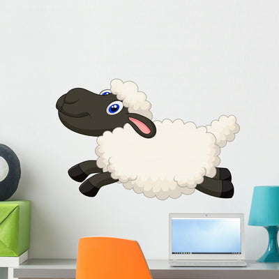 Cartoon Sheep Jumping Wall Decal shown on a wall
