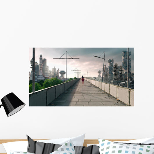 Apocalyptic concept background of futuristic and destroyed city Wall Mural