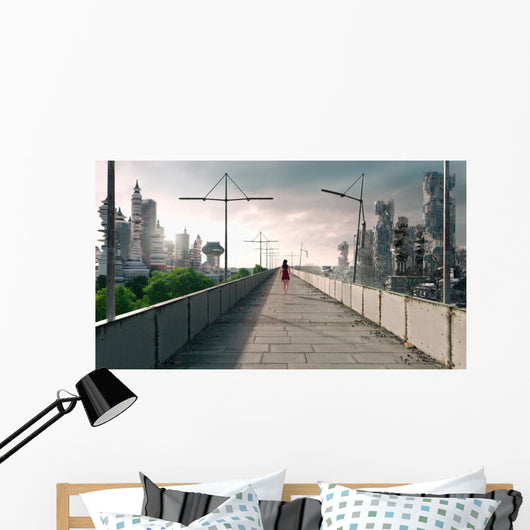 Apocalyptic concept background of futuristic and destroyed city Wall Mural